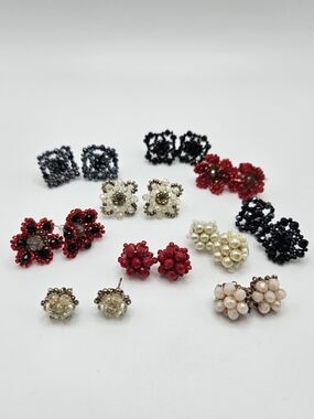 VINTAGE Handmade Glass Beaded Cluster Earring Lot 10 Pairs Pierced